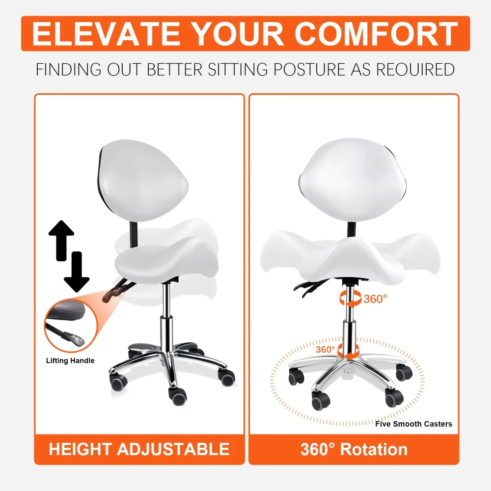 Ergonomic Swivel Saddle Chair with Footrest, Adjustable Rolling Stool for Home Offices, Kitchen Workspaces, and Drafting Stations(White)