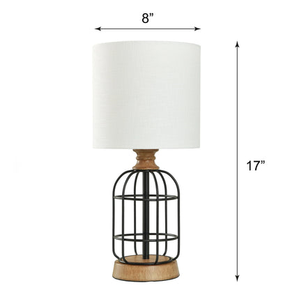 Mainstays Black Metal Cage Table Lamp with Wood Accents and Drum Shade, 17"