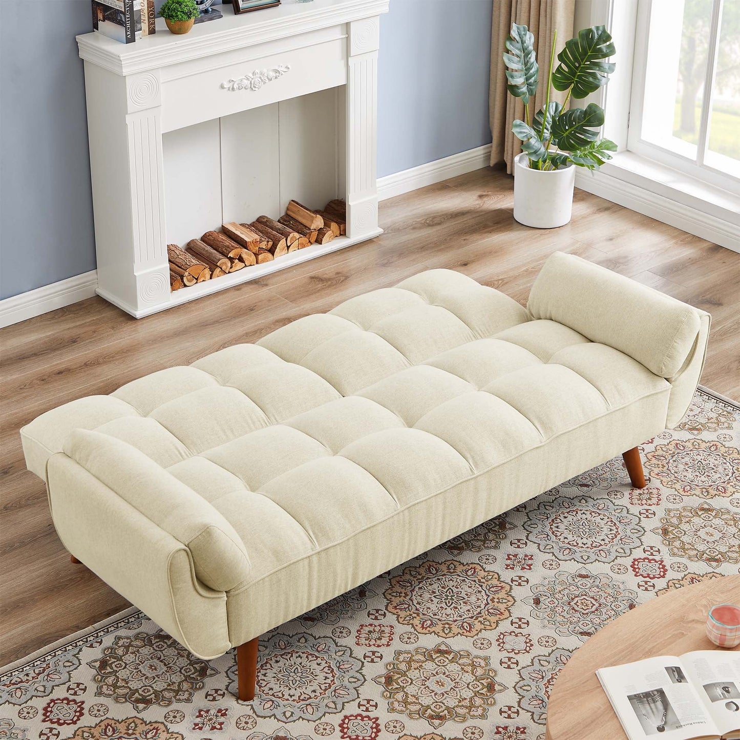 Aukfa 75" Flared Arm Futon Convertible Sofa Bed, Linen Sleeper Couch for Home Office, Beige