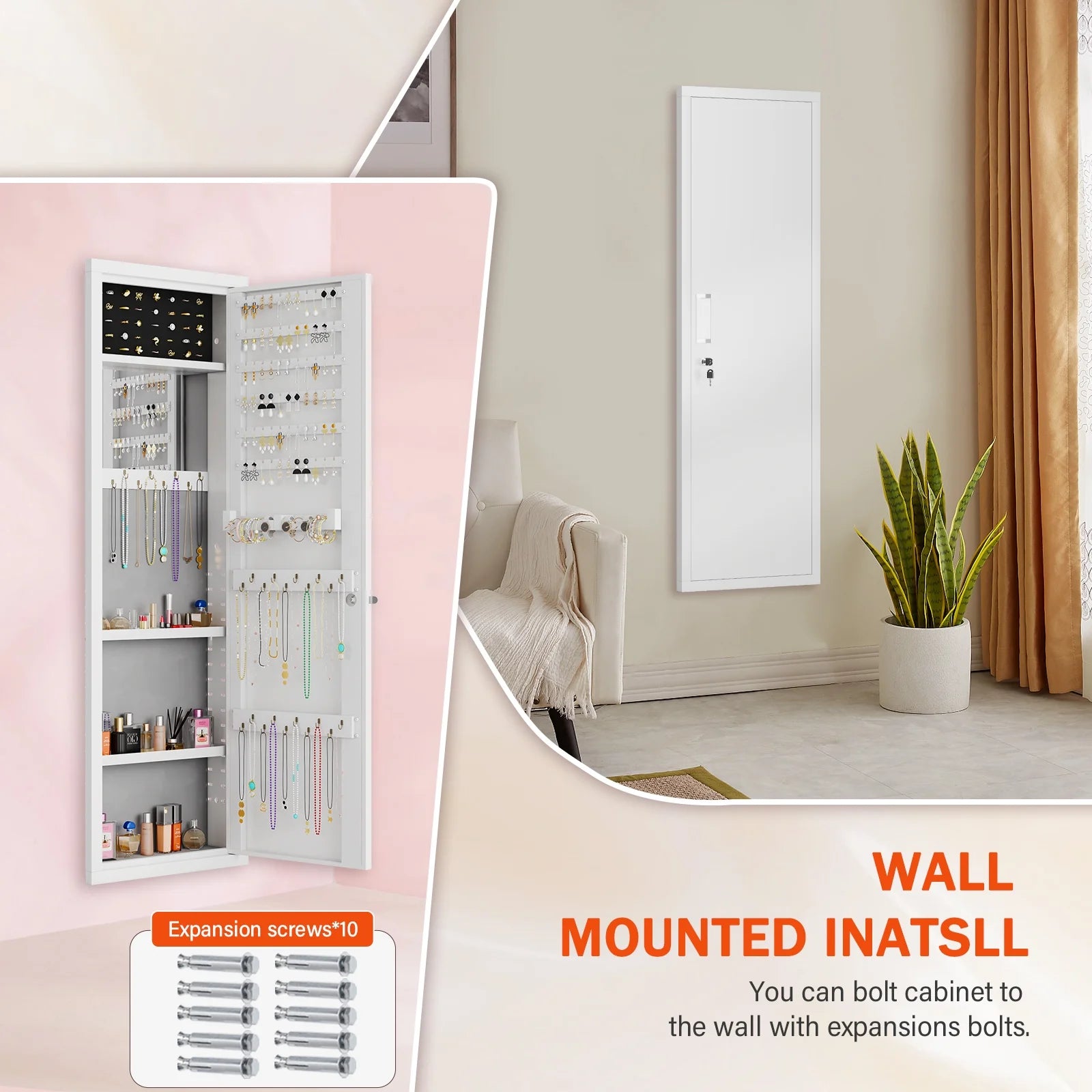 Mirror Jewelry Cabinet, 47.24" Tall Wall Mounted Jewelry Cabinet with Mirror and Light, Large Jewelry Armoire Organizer, Jewelry Storage with Lock & Adjustable Shelves (White