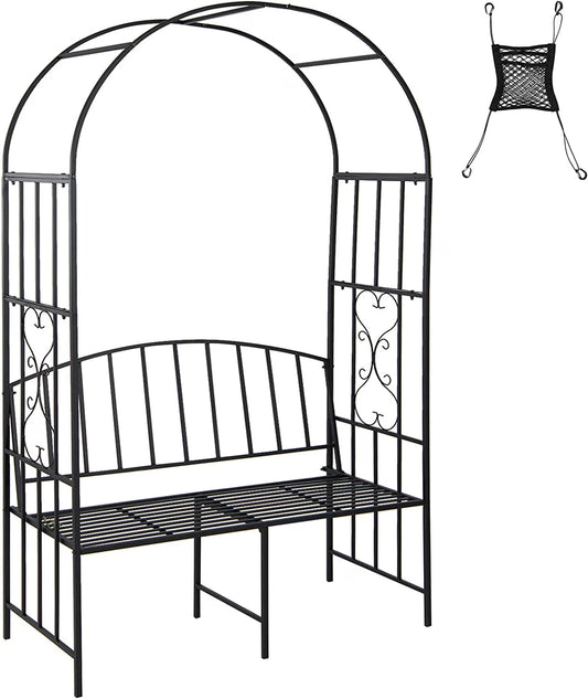 Giantex 81in Metal Garden Arch with Bench, Outdoor Garden Arbor Archway Trellis for Climbing Plants Vines, 2-Person Bench Loads 660 lbs, Patio Trellis Pergola Arches for Wedding Party Ceremony Decor