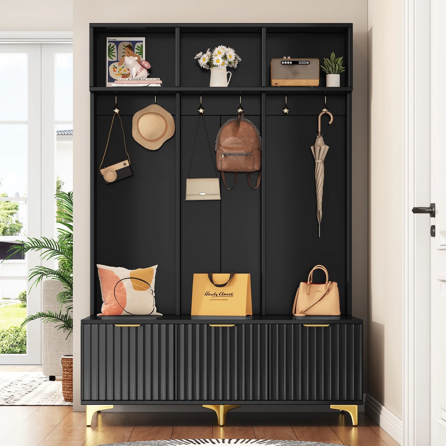 Euroco Modern Hall Tree with High Gloss Fluted Doors, Gold Accents, Shoe Storage & Bench - Entryway Organizer with Cubbies and Coat Hooks