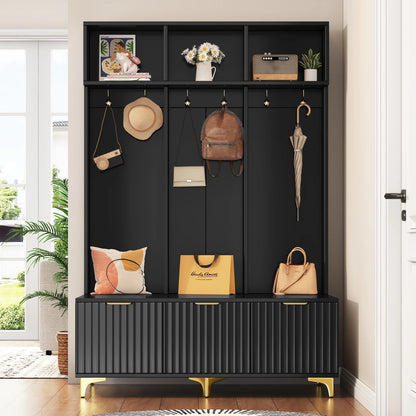 Euroco Modern Hall Tree with High Gloss Fluted Doors, Gold Accents, Shoe Storage & Bench - Entryway Organizer with Cubbies and Coat Hooks