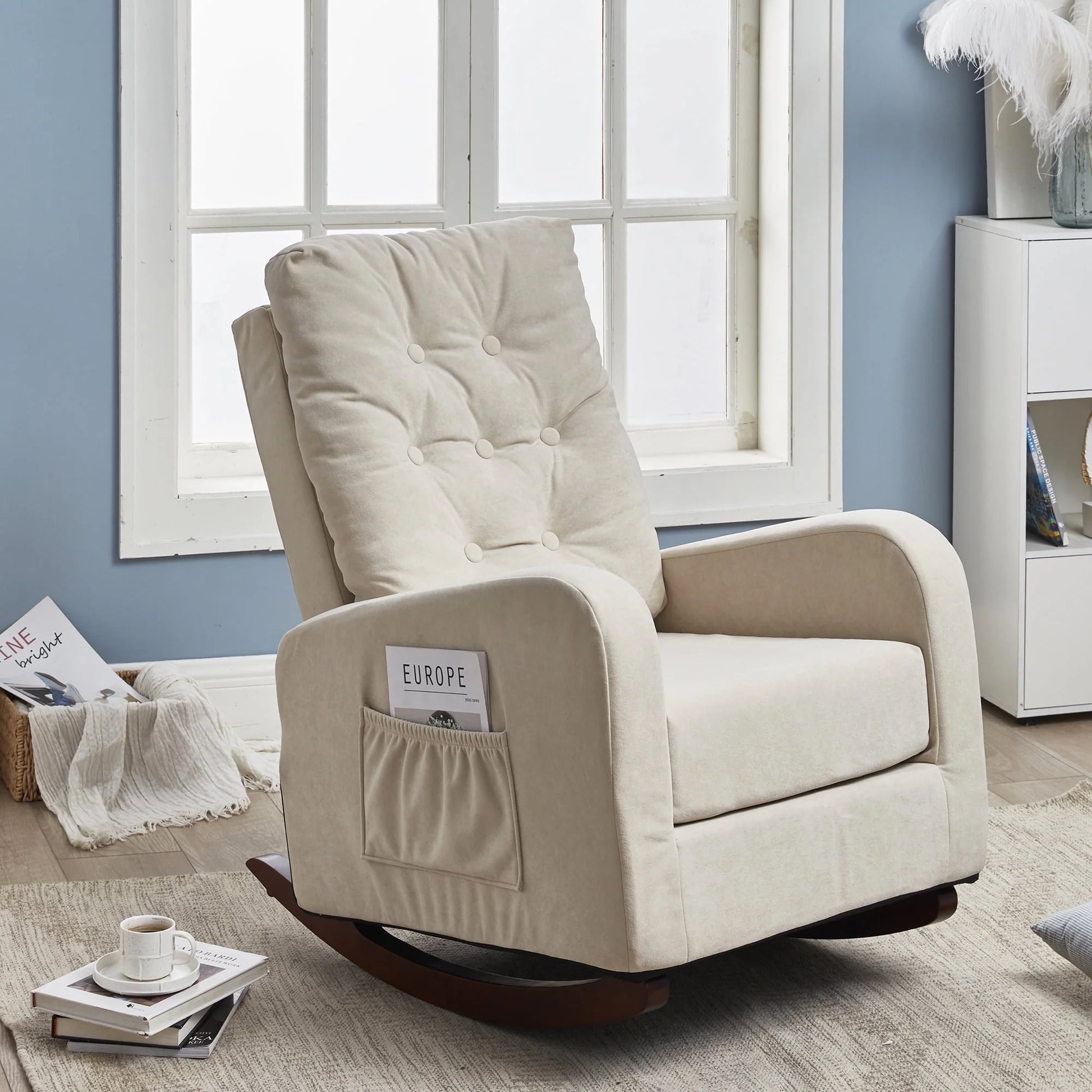 High Back Rocking Chair, Nursery Chair with Side Pocket, Linen Fabric Single Sofa Chair, Lazy Sofa Balcony Reclining Chair, Padded Armchair, for Living Room,Bedroom,Office, Beige
