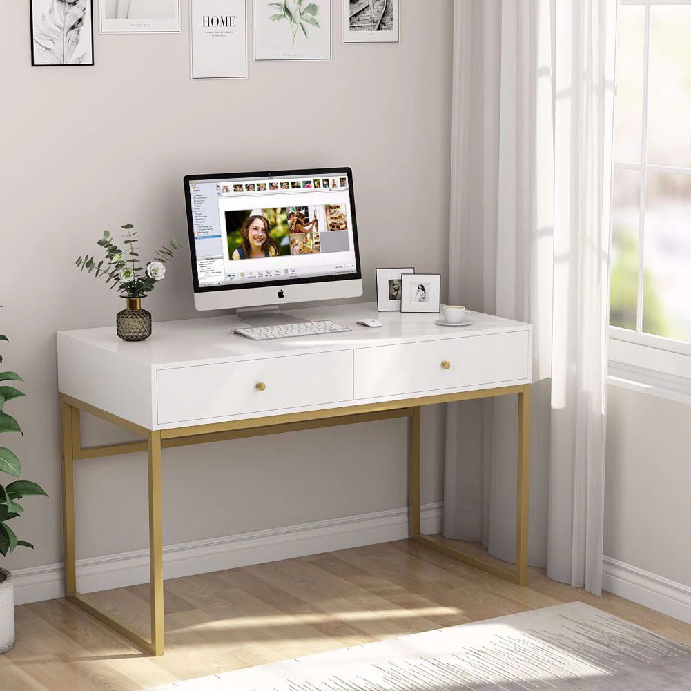 TribeSigns Computer Desk, Modern Simple 47 inch Home Office Desk Study Table Writing Desk with 2 Storage Drawers, Makeup Vanity Console Table, White and Gold