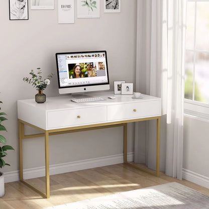 TribeSigns Computer Desk, Modern Simple 47 inch Home Office Desk Study Table Writing Desk with 2 Storage Drawers, Makeup Vanity Console Table, White and Gold
