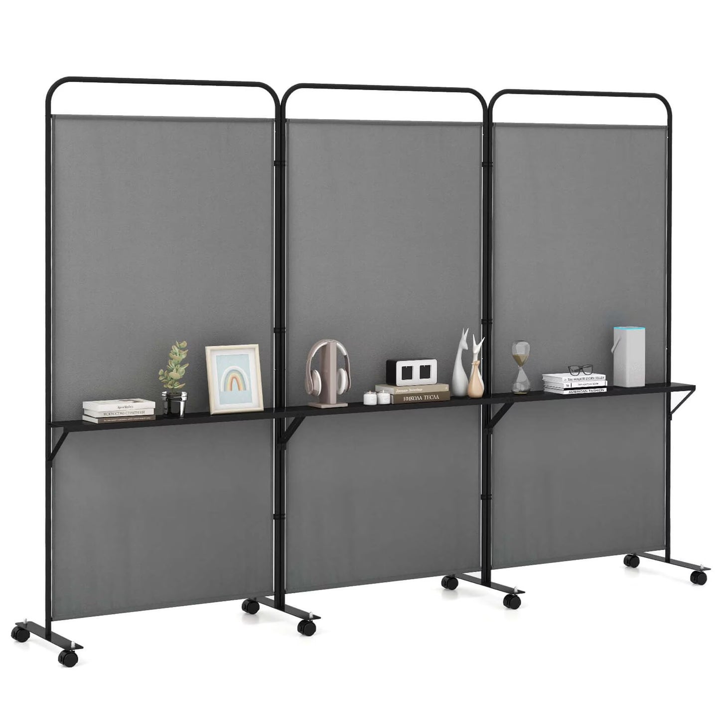 Costway 3-Panel Room Divider with Storage Shelves 6FT Tall Folding Privacy Screen on Wheels Black