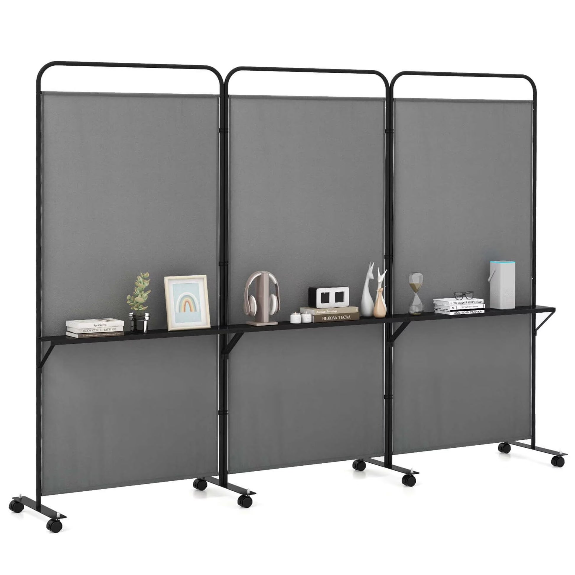 Costway 3-Panel Room Divider with Storage Shelves 6FT Tall Folding Privacy Screen on Wheels Black