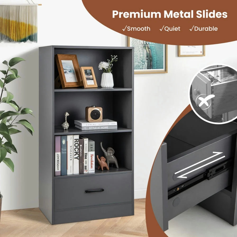Spaco 48 Inch Tall 4 Tiers Wood Bookcase with Drawer-Gray, Tall Bookshelf, Shelves for Living Room, Home Office, Bedroom, Balcony