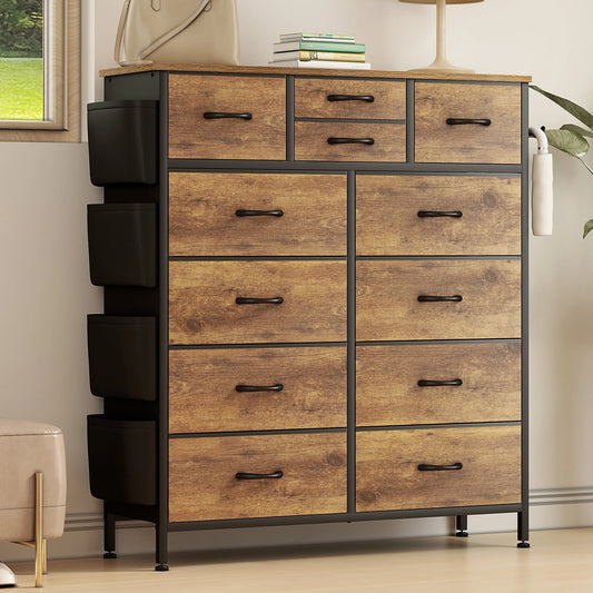 GIKPAL Dressers for Bedroom, Chest of Drawers Dresser Tall Dresser with 12 Drawers Fabric Dressers for Closet Living Room Hallway Nursery, Brown