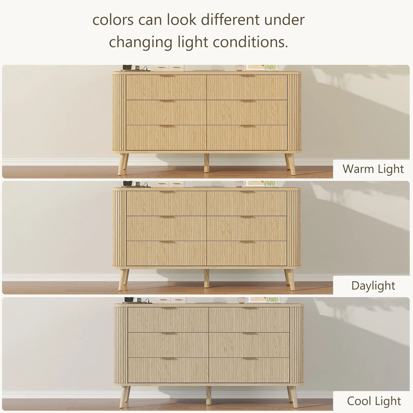 Mid-Century Modern Bedroom Dresser, 57" Wide Fluted 6 Drawer Dresser, Wood Dresser with Curved Profile Design for Closet, Bedroom Living Room, Hallway, Entryway, Home Office (Walnut, 6 Drawers)