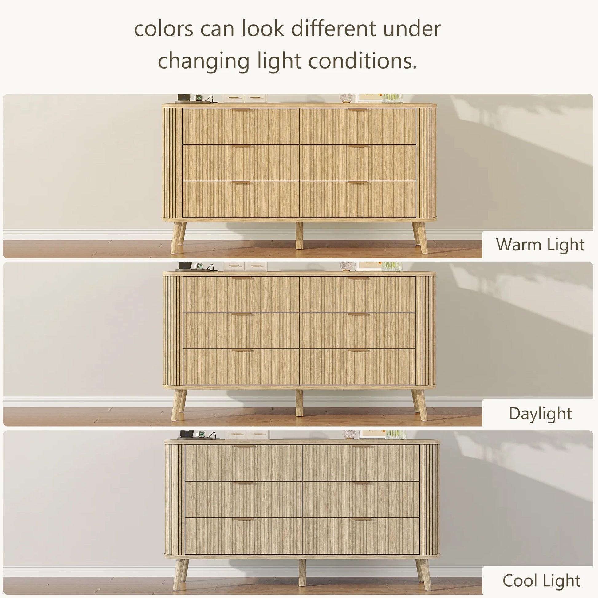 Mid-Century Modern Bedroom Dresser, 57" Wide Fluted 6 Drawer Dresser, Wood Dresser with Curved Profile Design for Closet, Bedroom Living Room, Hallway, Entryway, Home Office (Walnut, 6 Drawers)