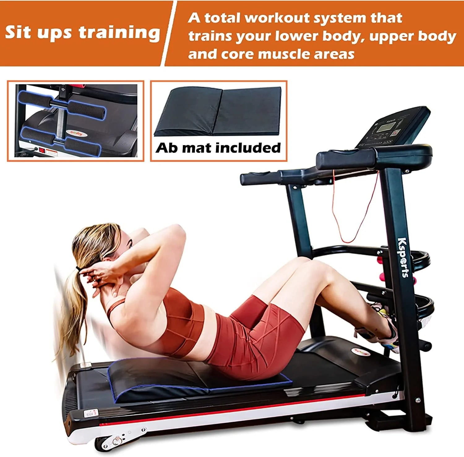 Ksports Treadmill Bundle Comprising of Electric Treadmill with 4 Incline Positions, Pneumatic Folding, Sit Ups Rack, Ab Mat & Dumb Bells with Smart Apps for Home Office Gym or Small Spaces