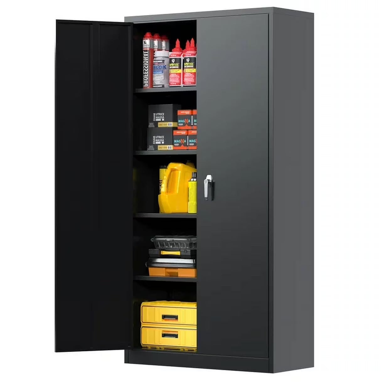 Aobabo Metal Storage Cabinet with Lock & Pegboard,Garage Storage Cabinet with 5 Adjustable Shelves,Tool Storage Cabinets for Home Office Garage,Assembly Required,Black