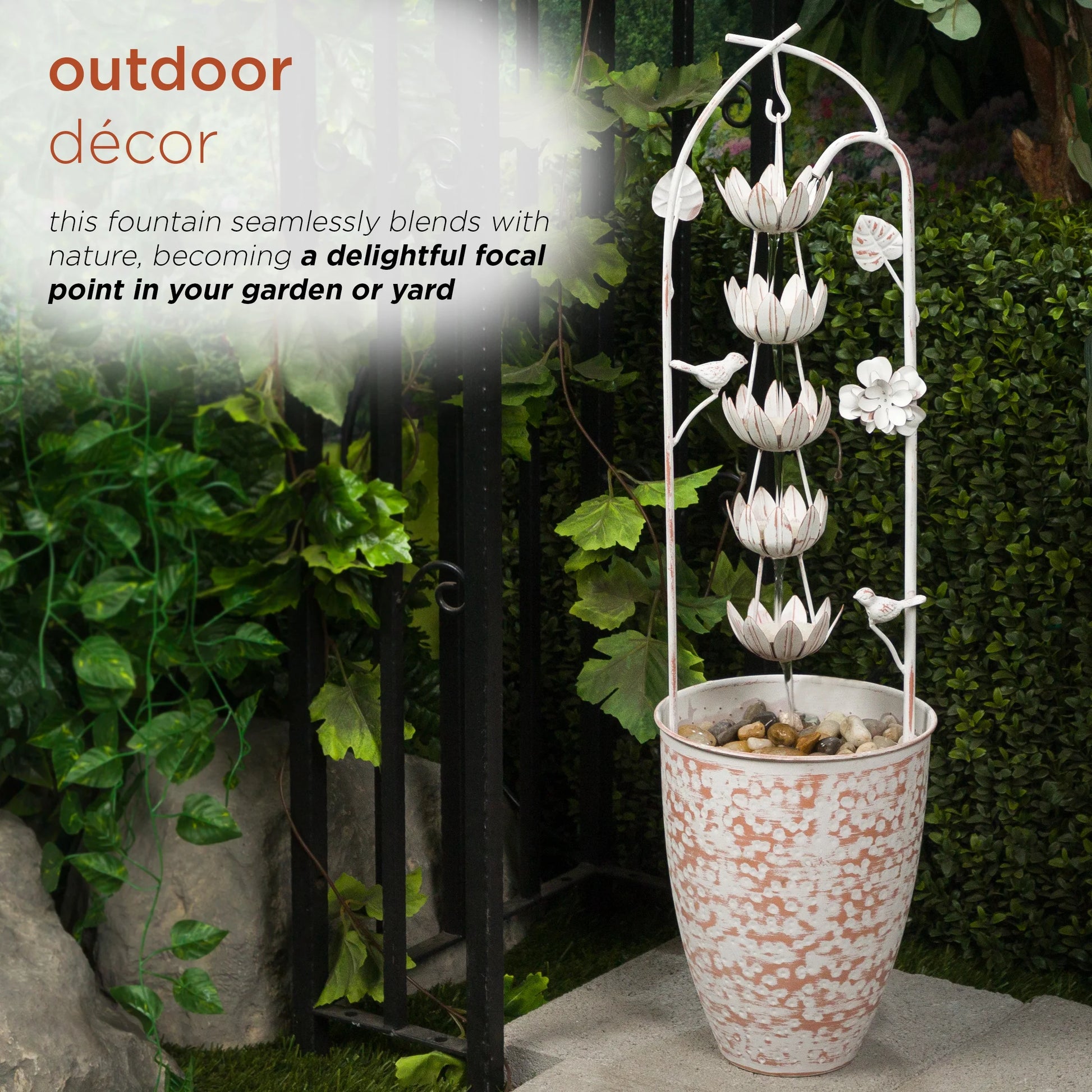 Alpine Corporation Metal White Rustic Outdoor Electric Fountain with Flower