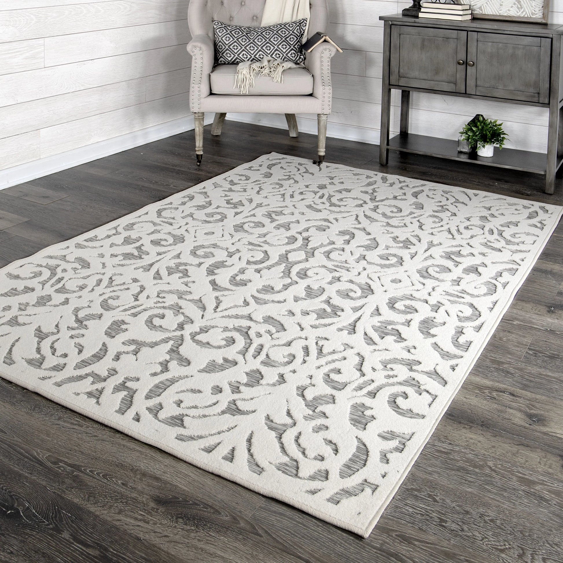 My Texas House Lady Bird, Modern Farmhouse, Damask, Indoor Outdoor Area Rug, Natural Gray, 5'3" x 7'6"