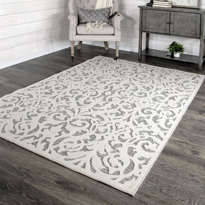 My Texas House Lady Bird, Modern Farmhouse, Damask, Indoor Outdoor Area Rug, Natural Gray, 5'3" x 7'6"