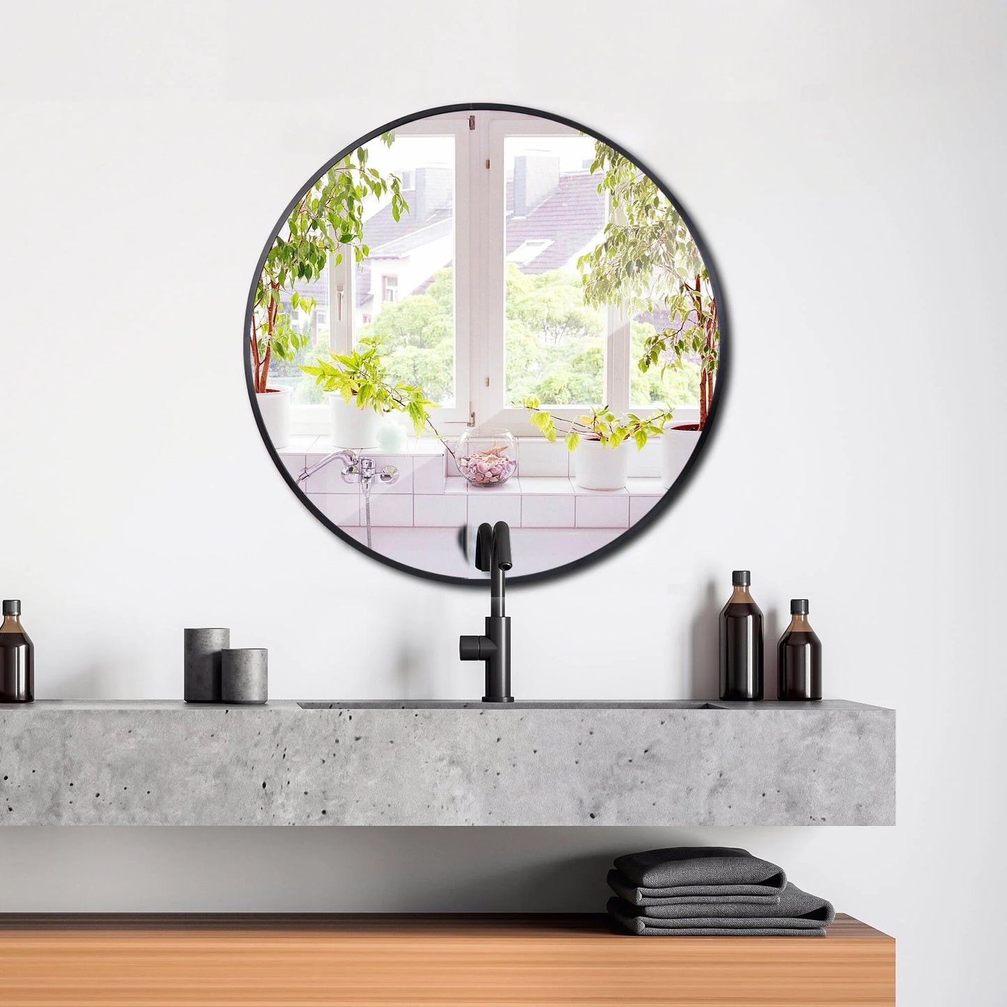 HomGarden 24'' Circle Wall Mirror, Modern Black Framed Round Vanity Mirror Home Décor