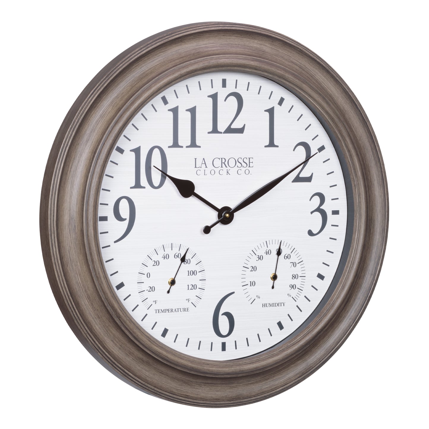La Crosse 26.2" Outdoor Gray Oak Analog Quartz Wall Clock with Temp & Humidity, 433-3267TH