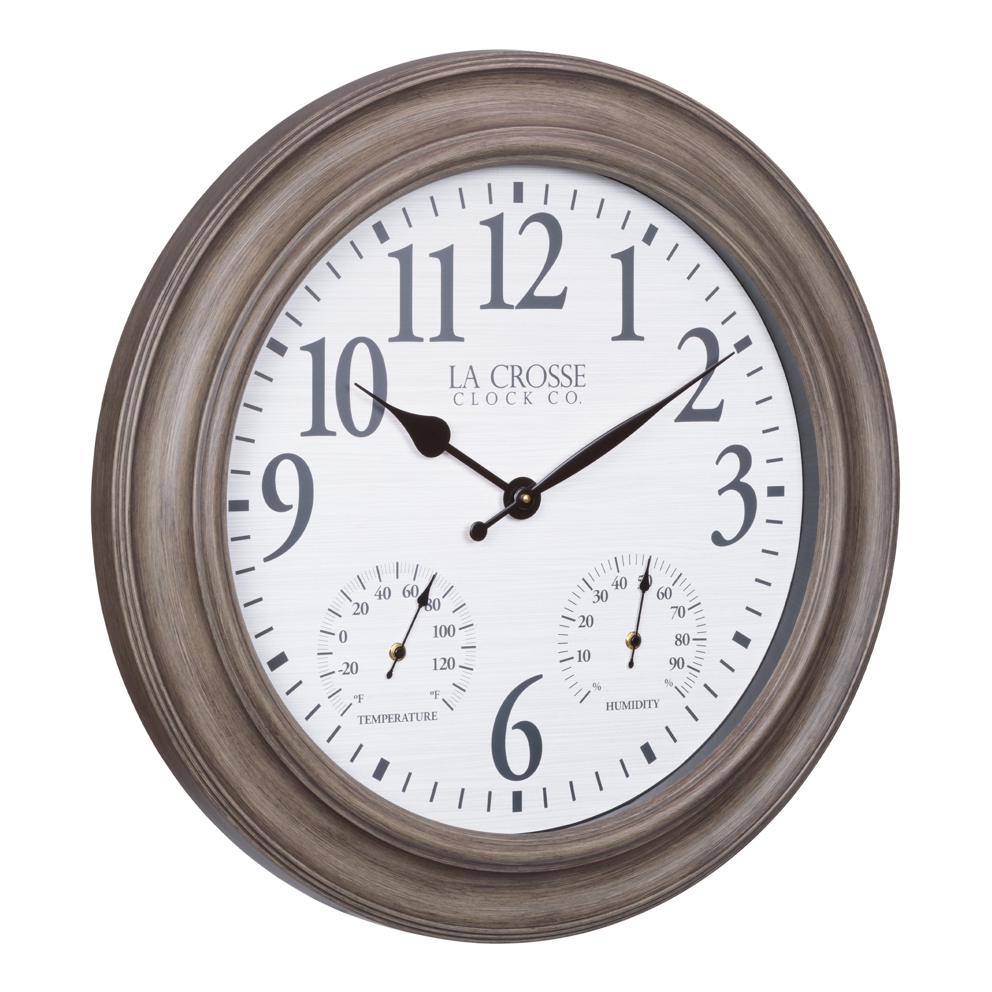 La Crosse 26.2" Outdoor Gray Oak Analog Quartz Wall Clock with Temp & Humidity, 433-3267TH