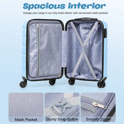 3 Pieces Luggage Sets(20"carry on+bags),PC+ABS Hardshell Lightweight Suitcase with TSA Lock,LightBlue
