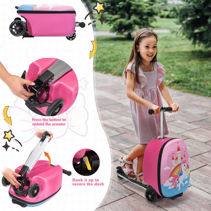 VLIVE 19 in Kids 2 Piece Unicorn Spinner Carry On Luggage with Scooter, Pink