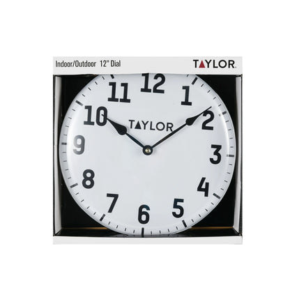 Taylor 12-inch Round Metal Dial Clock in White and Black