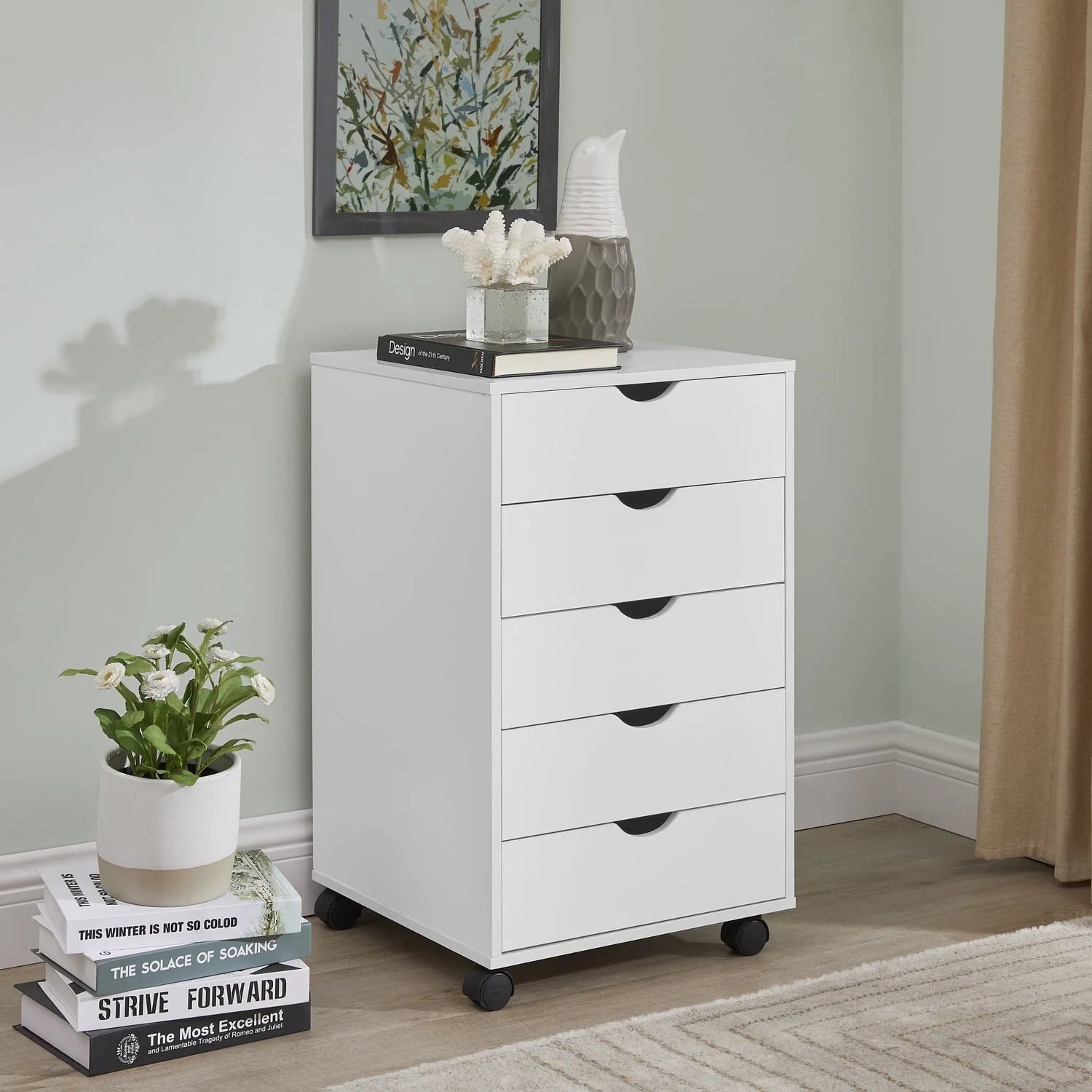 Naomi Home 5 Drawer Office Storage File Cabinet, Under desk storage file cabinets for Home Office, Office Organization Filing Cabinet with Wheels, Printer stand with storage, 180 lbs Capacity – White