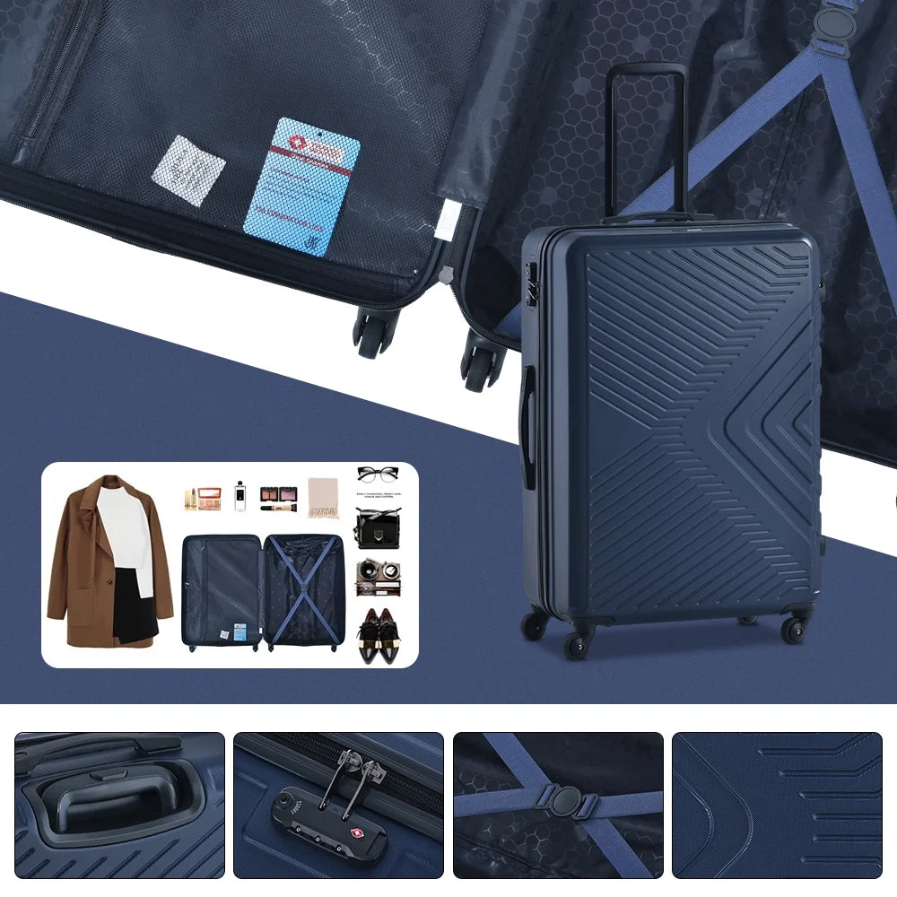 3 Piece Navy Luggage Travel Set, 20" 24" 28" Carry on Luggage with Spinner Wheels, Lightweight Hard Case Luggage Travel Suitcase Christmas Gifts for Business Trip Holiday Travel Cruise