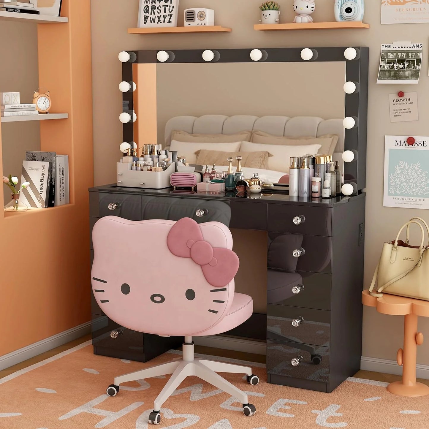Vanity Desk with Power Outlet, Makeup Vanity with Mirror and 14 LED Light, 3 Lighting Modes,11 Drawer Vanity Table with Sliding Jewelry Storage, Glass Top, Specular Surface