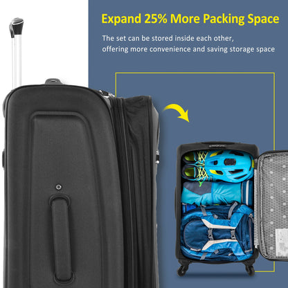 EUROCO 3 Piece Softside Luggage Set,Expandable Suitcase Set with TSA Lock and Spinner Wheels,Lightweight Suitcase for Men Women(20",24",28"),Black