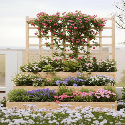 Large Raised Garden Bed with Trellis,3 Tier Standing Planter Box with Open-Base,Outdoor Elevated Garden Trellis for Vine Climbing, Flower Vegetable Fruit Herb Growing