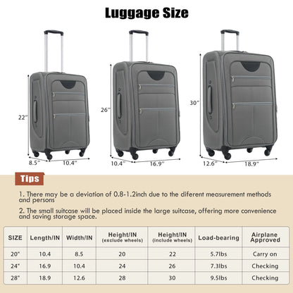 PAPROOS 3 PCS Luggage Set with Duffel Bag, Lightweight Carry on Softside Suitcases Set, 20in 24in 28in Expandable Suitcase with Spinner Wheel and TSA Lock, Softshell Luggage Travel Set, Gray