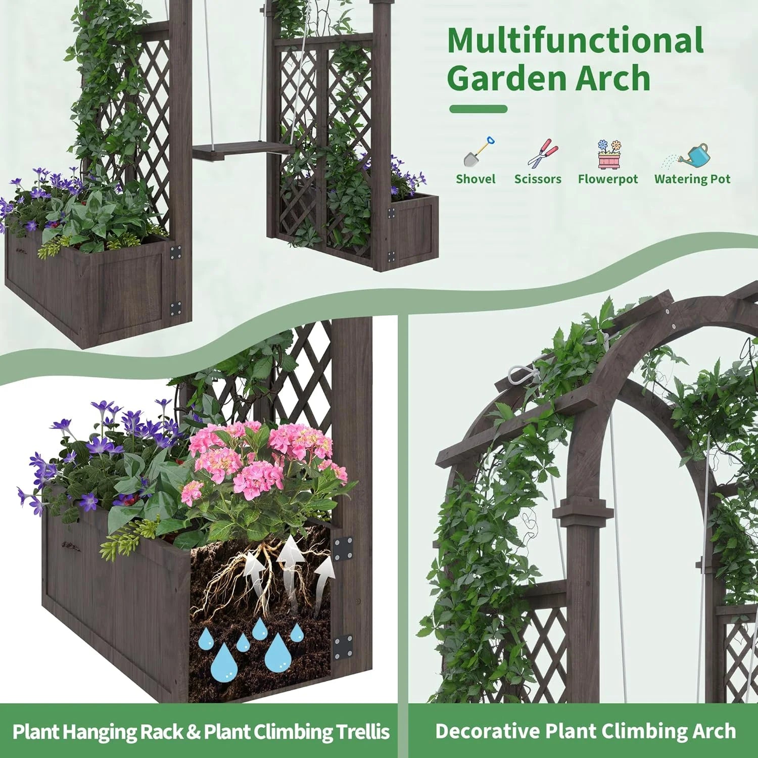 Wooden Garden Arbor with Planter& Swing,Outdoor Arbor Trellis for Climbing Plants, Roses, Vines, Outside Pergola Planter, Garden Arch for Lawn Backyard Wedding Ceremony Bridal Party