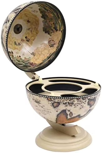 Green & Brown Tabletop Globe Wine Stand - Eucalyptus Wood with Antique Replica Frescoes and 16th Nautical Maps - Assembly Required