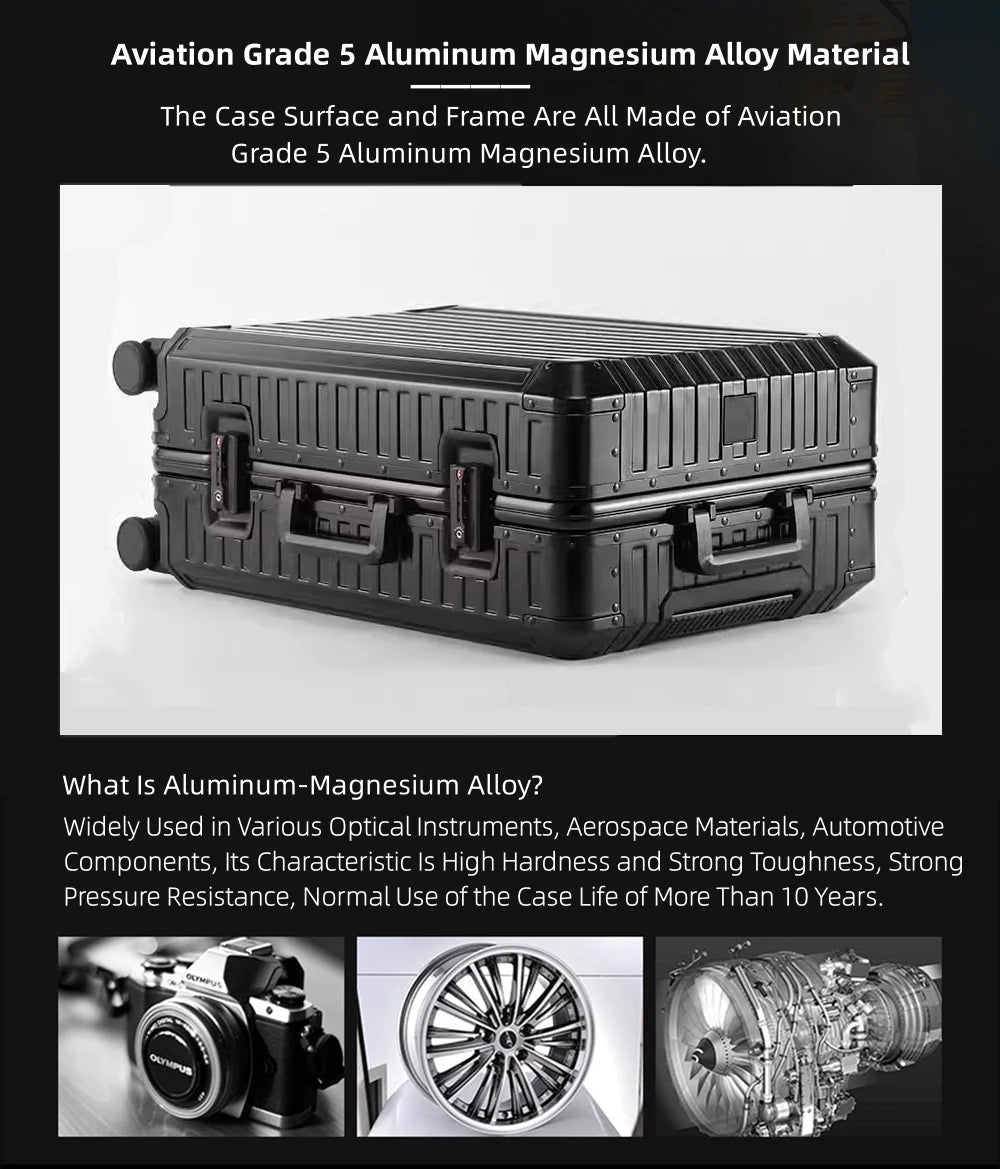 All Aluminum Magnesium Hardshell Carry On Luggage with Lock, Airline Approved Hardside Carry on Suitcase with Spinner Wheels, Checked Metal Rolling Luggage Case for Travel, Business