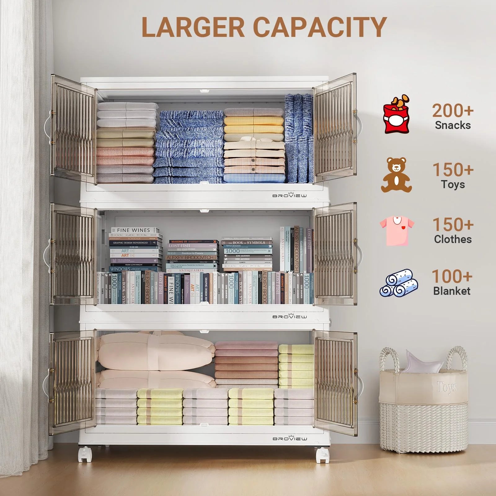 BROVIEW 150Gal Large Storage Bins with Lid, 600Qt Plastic Stackable Closet Organizer and Storage, Collapsible Storage Box with Wheels, Folding Storage Cabinet Containers for Home Office, 3Pack White