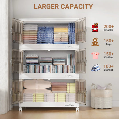 BROVIEW 150Gal Large Storage Bins with Lid, 600Qt Plastic Stackable Closet Organizer and Storage, Collapsible Storage Box with Wheels, Folding Storage Cabinet Containers for Home Office, 3Pack White