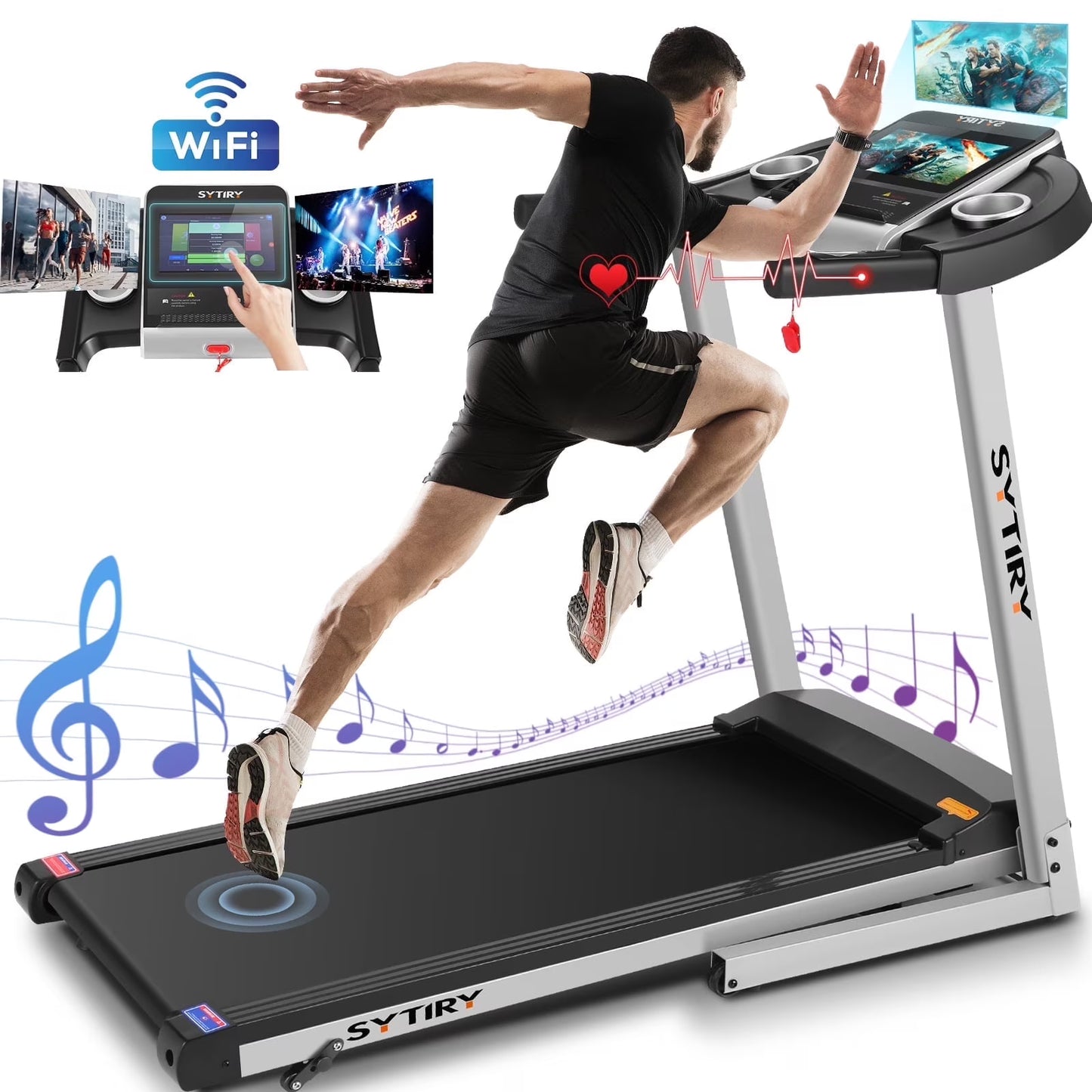 SYTIRY Folding Treadmill w/10" HD Touchscreen WiFi 3.25 HP Adjustable Incline Treadmills, Heart Rate Monito 9 MPH Speed Range Jogging Running Machine for Home Office 265lbs Weight Capacity