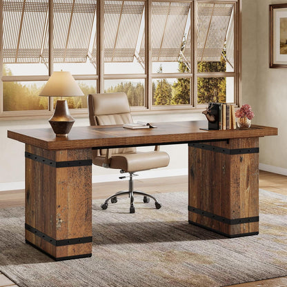 63-Inch Farmhouse Executive Desk, Large Business Workstation Table for Home Office, Mix-Brown