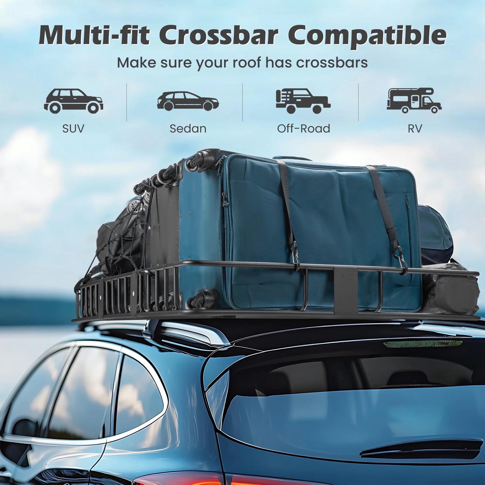 Naipo Roof Rack Cargo Basket,500 lb,64"x39"x6"Extendable Roof Luggage Holder Rack with 4 U-Bolts for SUV/RV,Camping