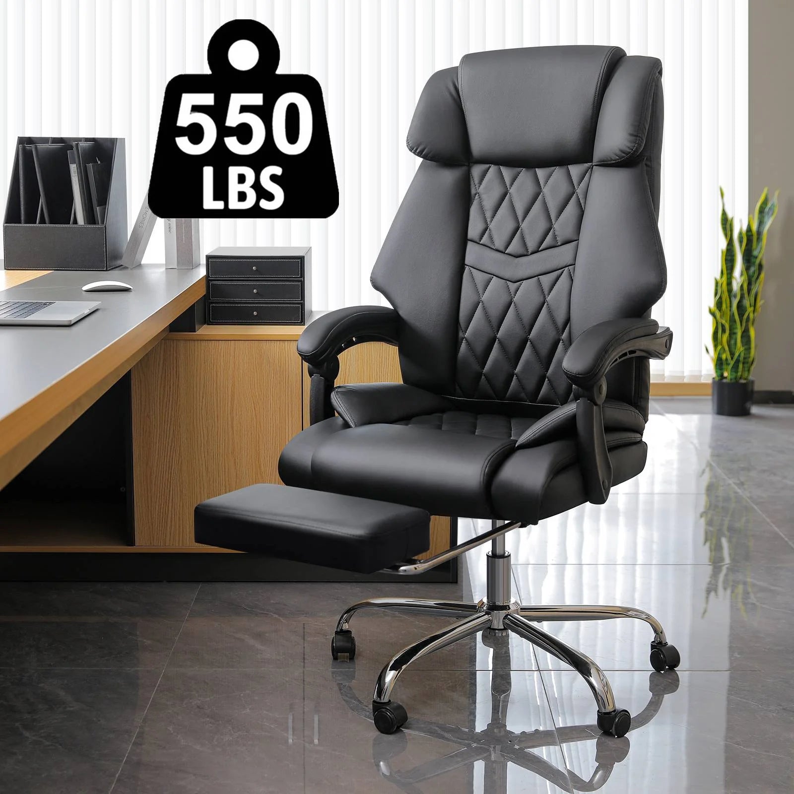 Hoffree Executive Office Chair Big and Tall Office Chair 550lb Wide Seat Ergonomic Computer Desk Chair High Back Leather Chair with Lumbar Back Support for Home Office Black
