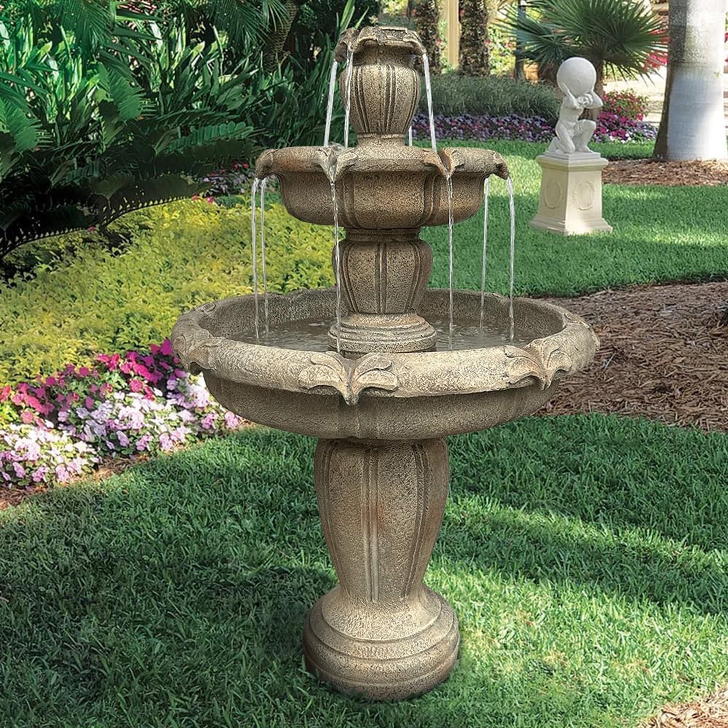 48°?H Outdoor Floor Water Fountain, 3-Tiers Concrete Water Fountain with Submersible Electric Pump - Garden Cascading Waterfall for Yard Patio Lawn Home Decor