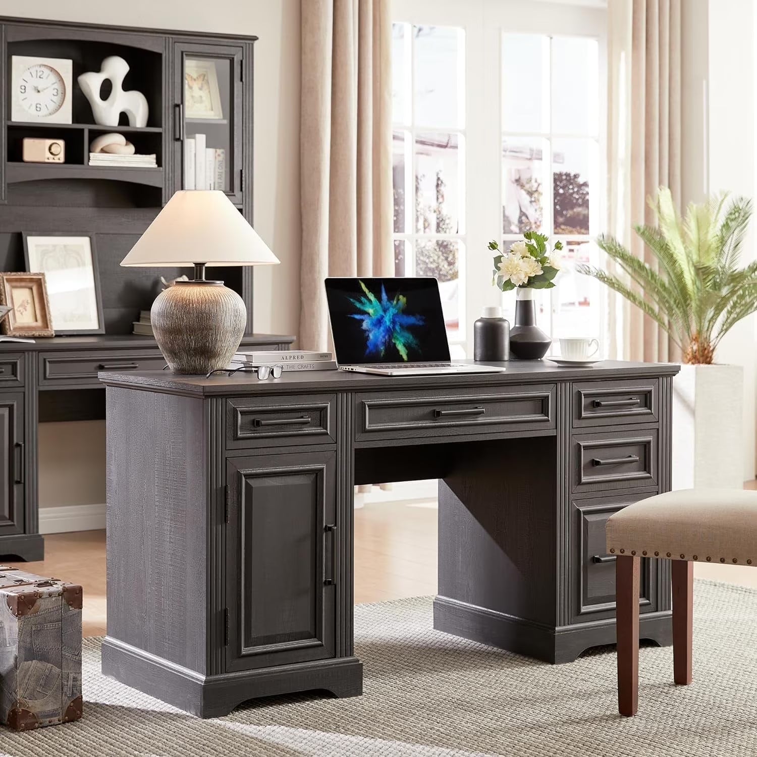 T4TREAM Farmhouse Wood 58" Executive Desk, Home Office 30" High Computer Desk with Drawers and Storage Cabinet, White