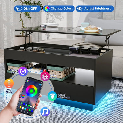 Hommpa Lift Top Coffee Table with 2 Drawers High Gloss Rectangle Black Coffee Table with LED Lights and Hidden Storage for Living Room Home Office Center Cocktail Tables 25.19" Height