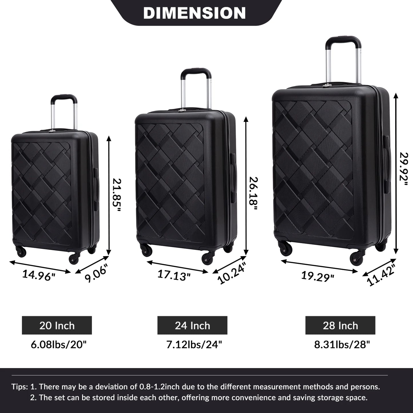 Luggage Sets Hardside 3 Piece, Hardshell Suitcase with Lightweight Durable Spinner Wheels,Black