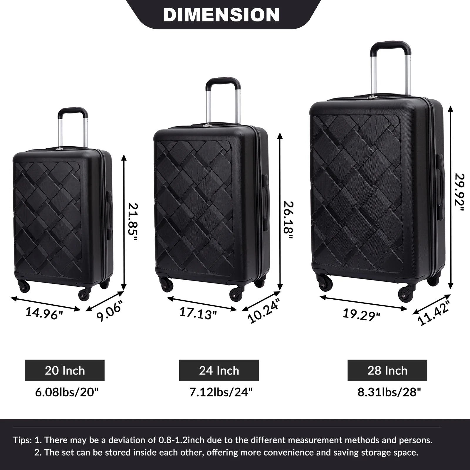 Luggage Sets Hardside 3 Piece, Hardshell Suitcase with Lightweight Durable Spinner Wheels,Black