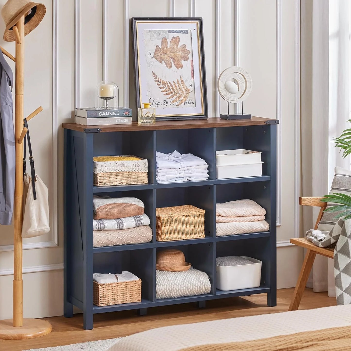 9 Cube Bookcase, Farmhouse 47 Inch Wide Navy Blue Bookshelf, Wooden 3 Tier Display Large Open Book Shelf, Vintage Horizontal Book Case for Home Office, Cubby Storage Cabinet for Living Room