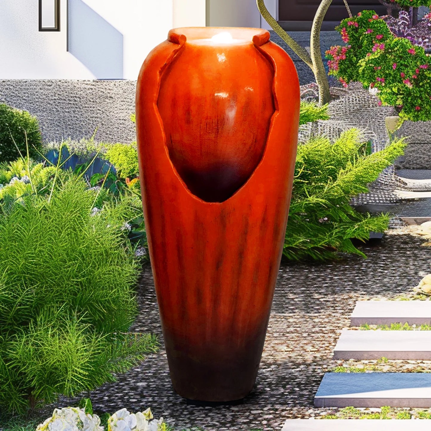 ourrco 30.7"H Concrete Vase Water Fountain, Modern Cascading Waterfall Feature with LED Lighting and Pump, Perfect for Indoor or Outdoor Home and Garden Decor, Red