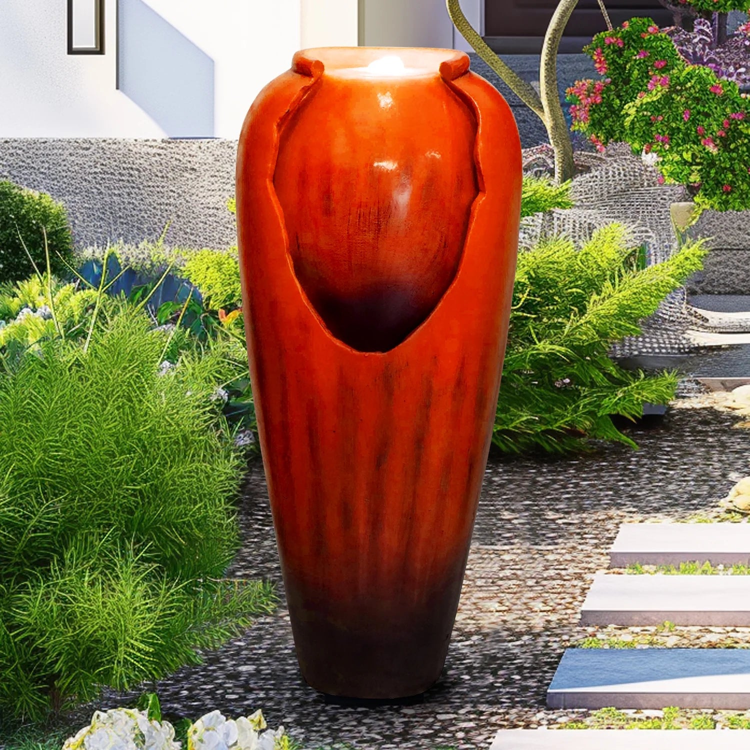 ourrco 30.7"H Concrete Vase Water Fountain, Modern Cascading Waterfall Feature with LED Lighting and Pump, Perfect for Indoor or Outdoor Home and Garden Decor, Red
